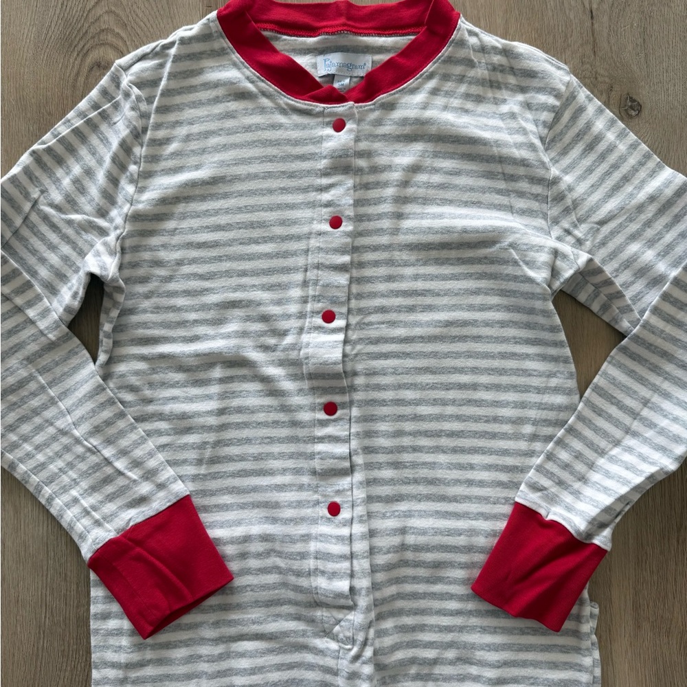 Striped Women’s One Piece, Footie Pajama with Red Accents